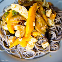 Soba noodles with papaya, sauteed tofu and sriracha, fried eggplant and jalapeno, and lime dressing